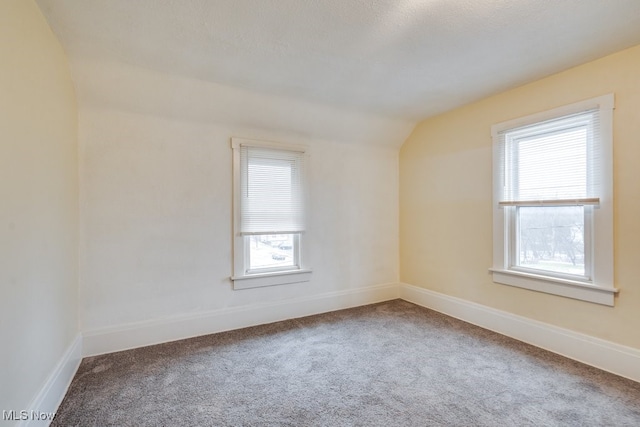 unfurnished room featuring vaulted ceiling, a textured ceiling, and carpet flooring