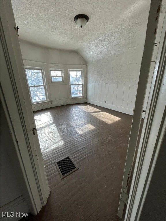 additional living space with lofted ceiling, a textured ceiling, and dark hardwood / wood-style flooring