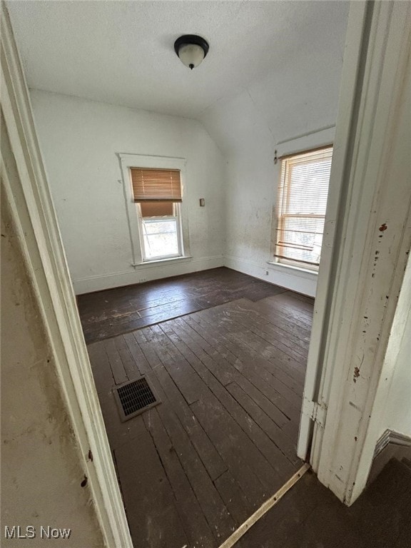 interior space featuring vaulted ceiling, dark hardwood / wood-style floors, and a textured ceiling