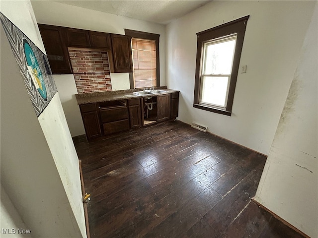 kitchen featuring dark brown cabinets, sink, and dark hardwood / wood-style flooring