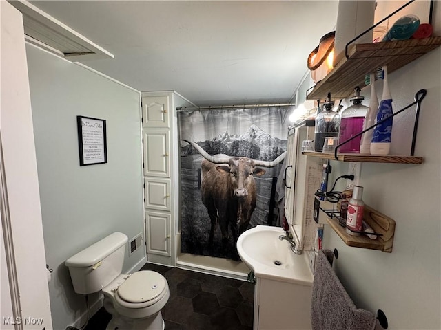 bathroom with toilet, vanity, and a shower with curtain