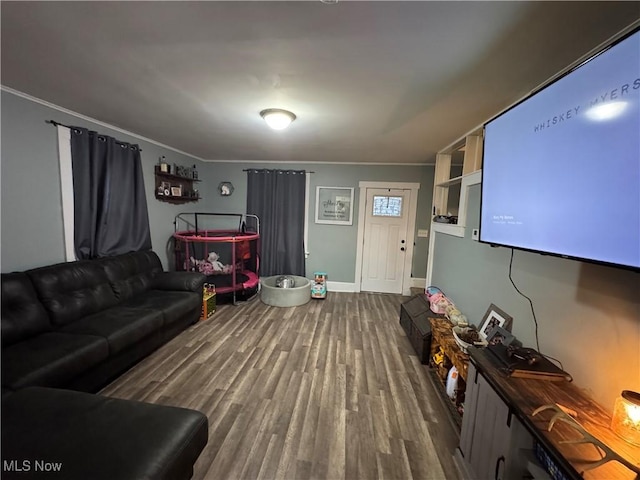 living room featuring crown molding and hardwood / wood-style floors