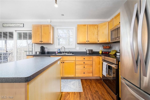 kitchen featuring stainless steel appliances, dark hardwood / wood-style floors, sink, and light brown cabinets