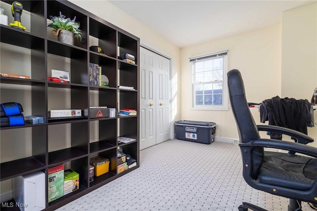 home office featuring light carpet