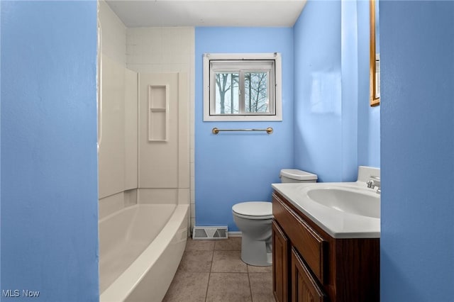 full bathroom with vanity, toilet, shower / bath combination, and tile patterned flooring