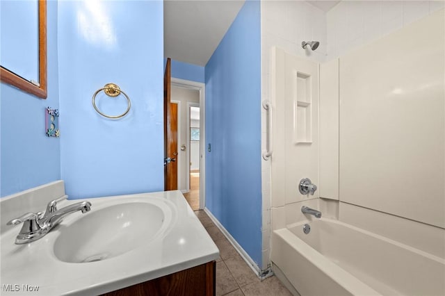 bathroom with shower / bathtub combination, tile patterned floors, and vanity