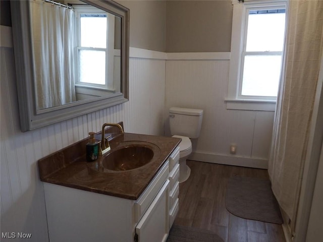 bathroom with vanity, hardwood / wood-style flooring, and toilet