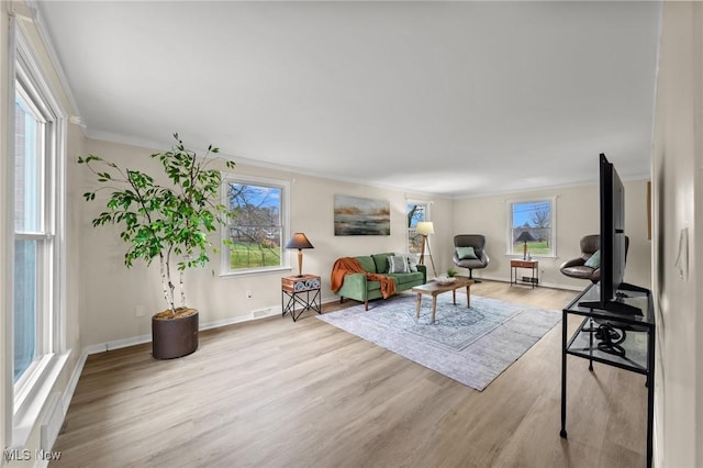 living room featuring a wealth of natural light, light hardwood / wood-style flooring, and ornamental molding