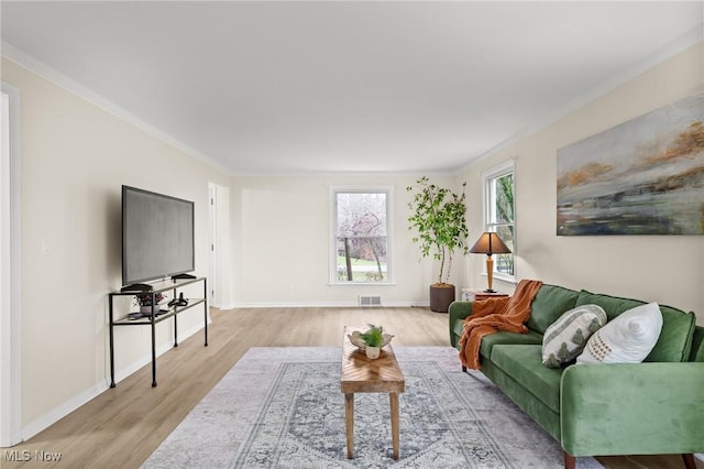 living room with ornamental molding and light hardwood / wood-style floors