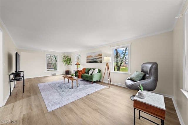 living room featuring crown molding and light hardwood / wood-style flooring