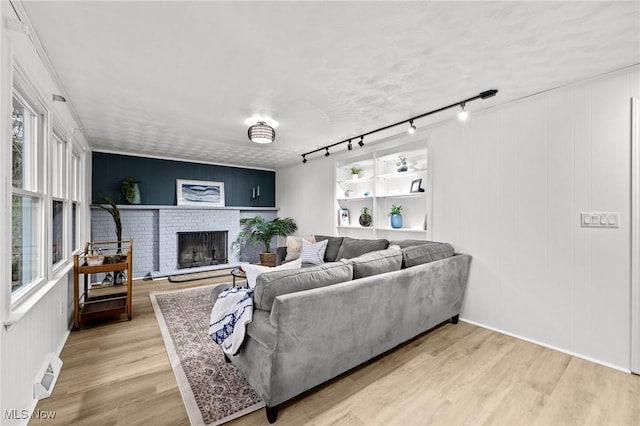 living room featuring a fireplace and light wood-type flooring