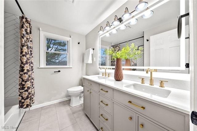 full bathroom with tile patterned flooring, vanity, toilet, and shower / bathtub combination with curtain