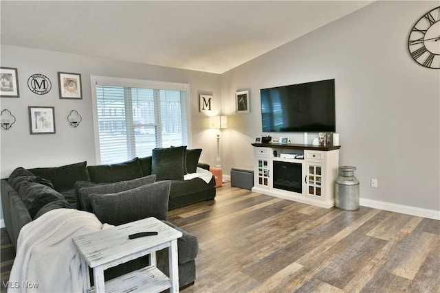 living room with hardwood / wood-style flooring and vaulted ceiling