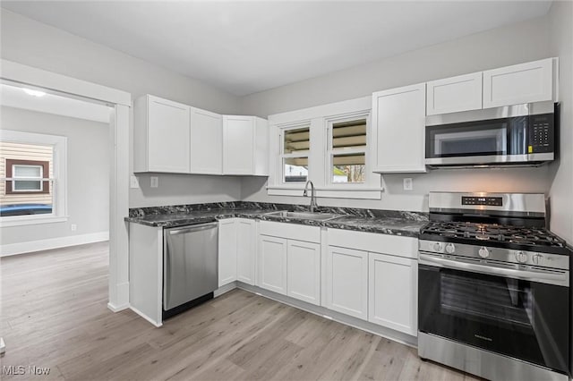 kitchen featuring white cabinetry, appliances with stainless steel finishes, sink, and light hardwood / wood-style floors