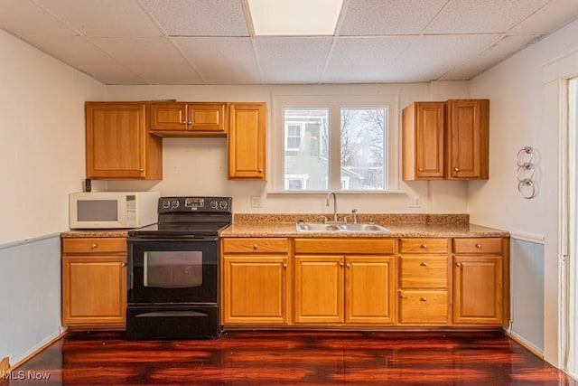 kitchen featuring dark wood-type flooring, sink, light stone counters, and electric range