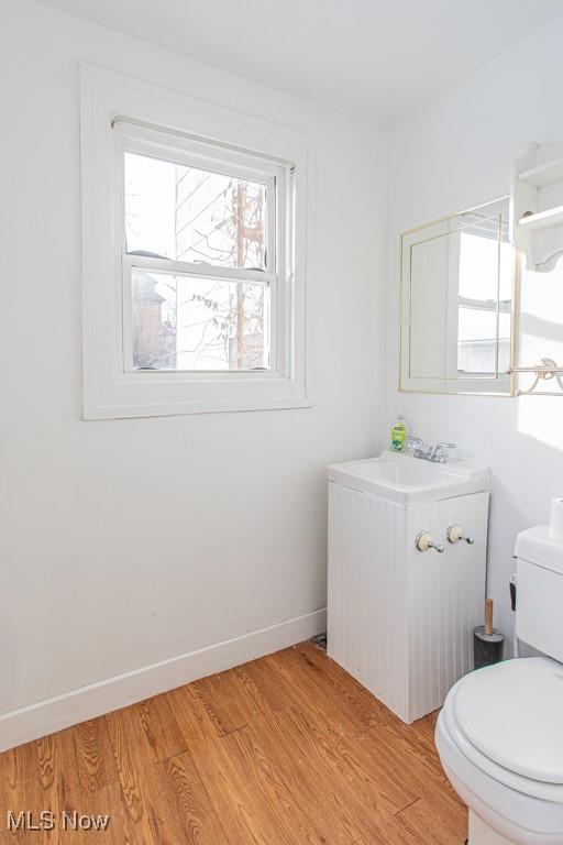 bathroom with vanity, wood-type flooring, and toilet