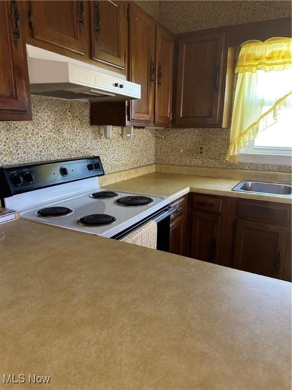 kitchen with sink, range with electric stovetop, and decorative backsplash