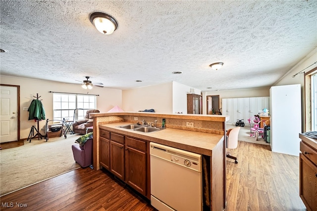 kitchen featuring sink, a textured ceiling, dark wood-type flooring, and dishwasher