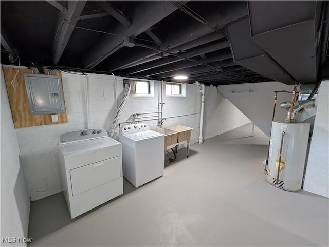 interior space featuring independent washer and dryer, electric panel, sink, and gas water heater