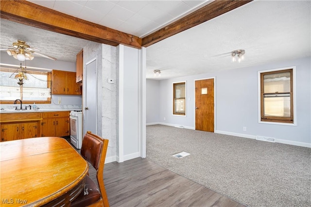 kitchen featuring sink, light carpet, white gas range, ceiling fan, and beam ceiling