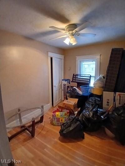 miscellaneous room featuring ceiling fan and hardwood / wood-style floors