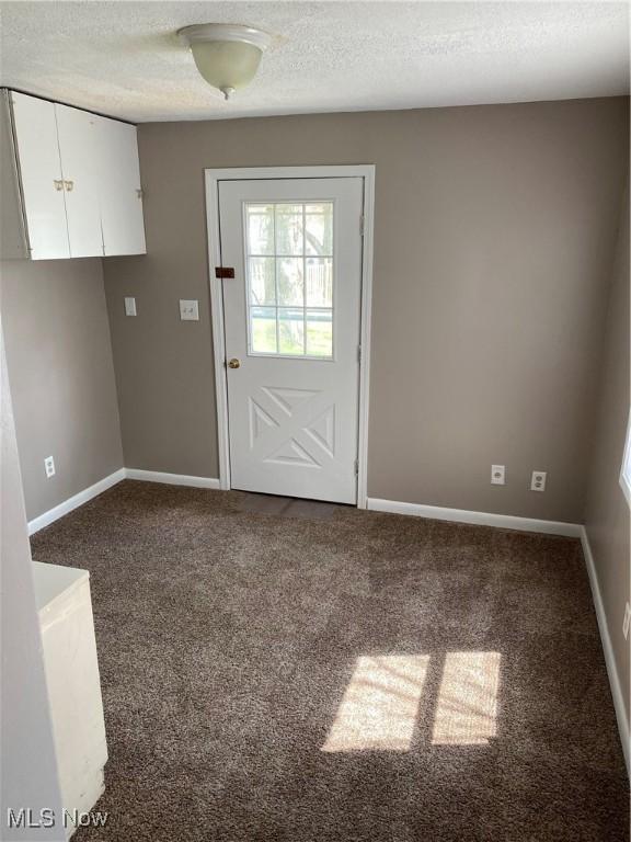 entryway with a textured ceiling and carpet flooring