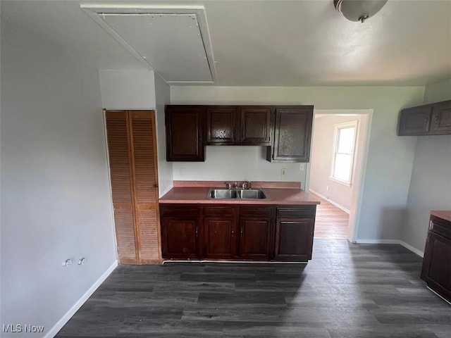 kitchen featuring dark wood-type flooring, dark brown cabinetry, and sink