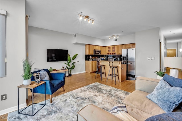 living room with track lighting and light hardwood / wood-style floors