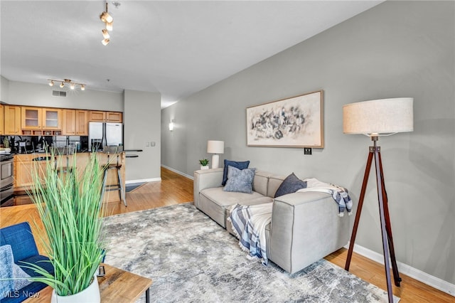 living room featuring light hardwood / wood-style flooring and rail lighting