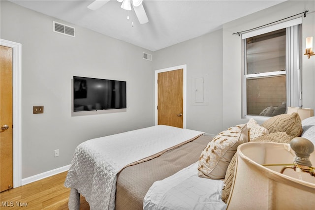 bedroom with ceiling fan and light wood-type flooring