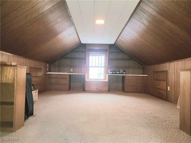 additional living space with vaulted ceiling, carpet flooring, and wooden walls