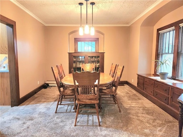 carpeted dining area featuring ornamental molding and a textured ceiling