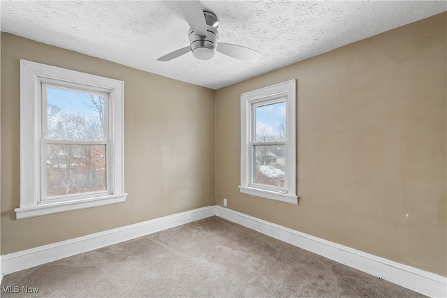 empty room with ceiling fan, carpet flooring, and a textured ceiling