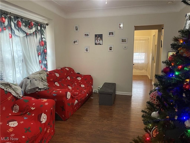 living room with dark wood-type flooring and ornamental molding