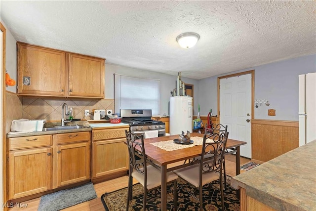 kitchen featuring sink, tasteful backsplash, white refrigerator, electric water heater, and light hardwood / wood-style floors