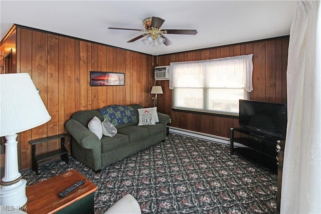 living room featuring a baseboard radiator, an AC wall unit, ceiling fan, and wood walls