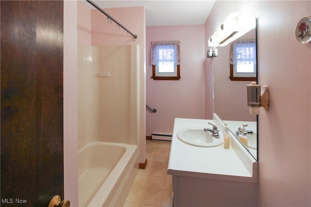 bathroom featuring a wall mounted AC, tile patterned flooring, vanity, a baseboard heating unit, and  shower combination