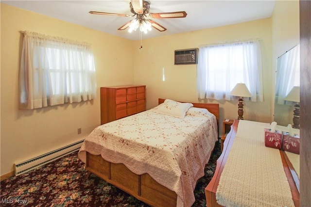 bedroom featuring ceiling fan, a baseboard radiator, and a wall mounted AC