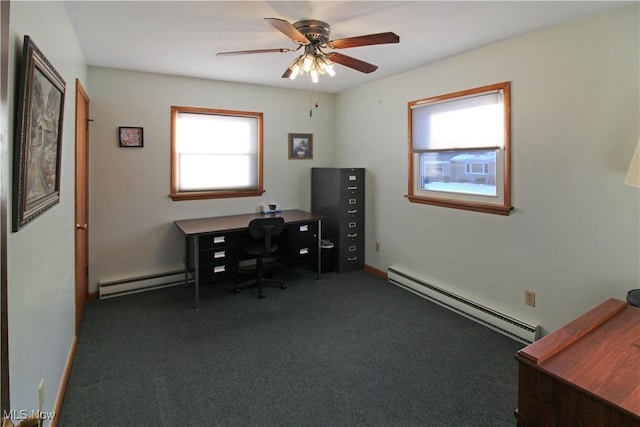 carpeted office space with a baseboard heating unit and ceiling fan