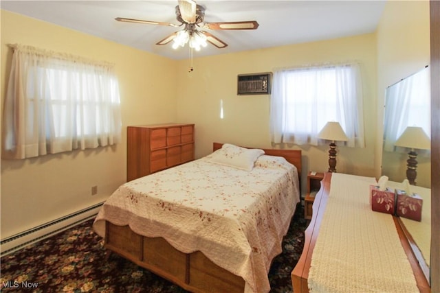 bedroom featuring multiple windows, ceiling fan, a baseboard radiator, and a wall mounted AC