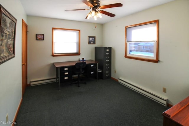 office space with dark carpet, a baseboard radiator, and ceiling fan