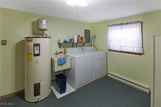 clothes washing area featuring independent washer and dryer, a baseboard radiator, sink, and electric water heater