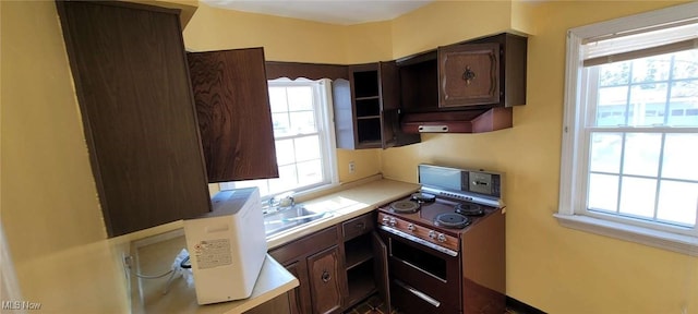 kitchen with stove, sink, and dark brown cabinets