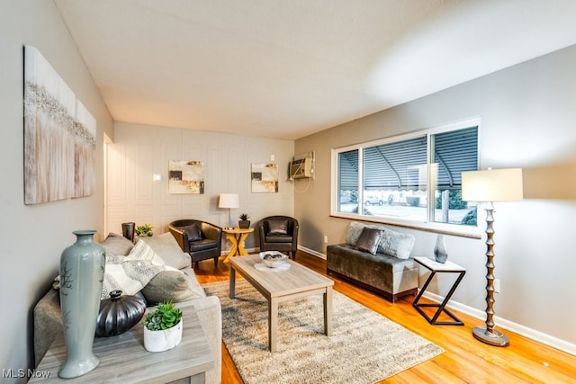 living room with hardwood / wood-style flooring and a wall mounted AC