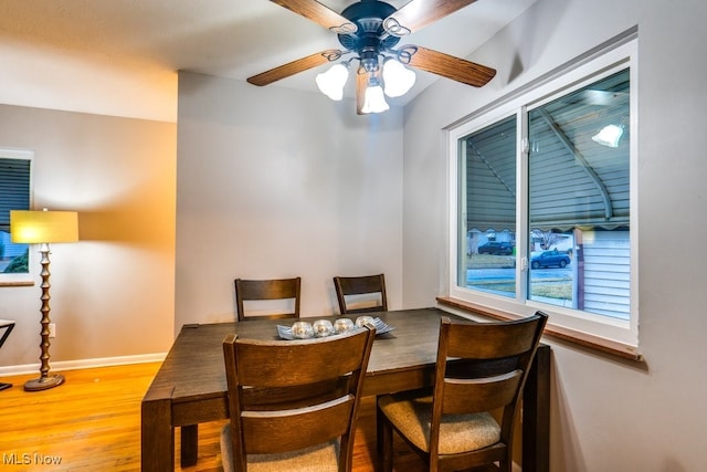 dining space featuring hardwood / wood-style floors and ceiling fan