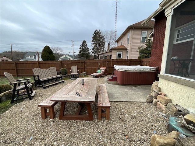 view of patio featuring a hot tub