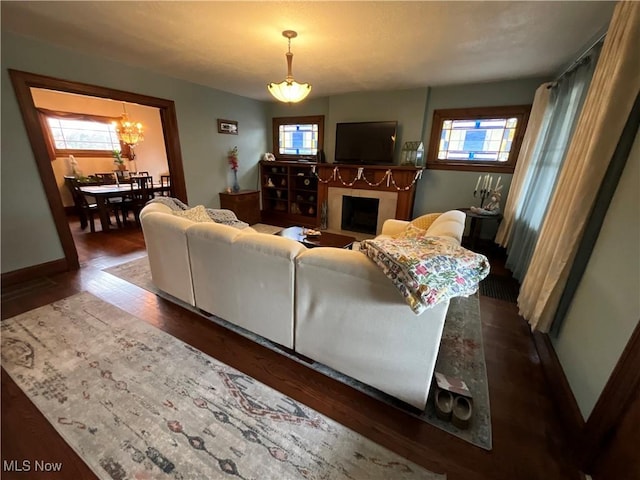 living room with dark hardwood / wood-style flooring