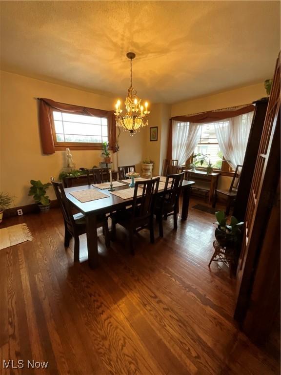 dining area featuring a notable chandelier, hardwood / wood-style flooring, and a healthy amount of sunlight