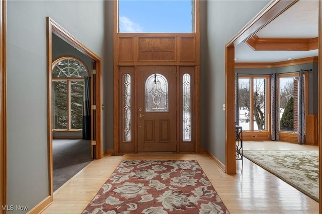 foyer with a towering ceiling and light wood-type flooring