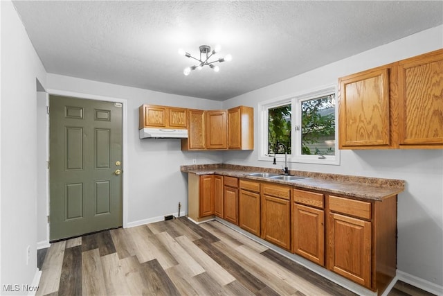 kitchen with a notable chandelier, sink, a textured ceiling, and light wood-type flooring